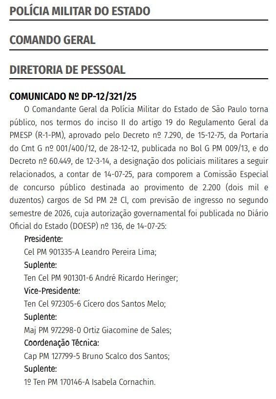 Concurso PM SP: Comissão formada
