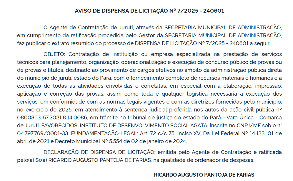 dispensa de licitação concurso Juruti