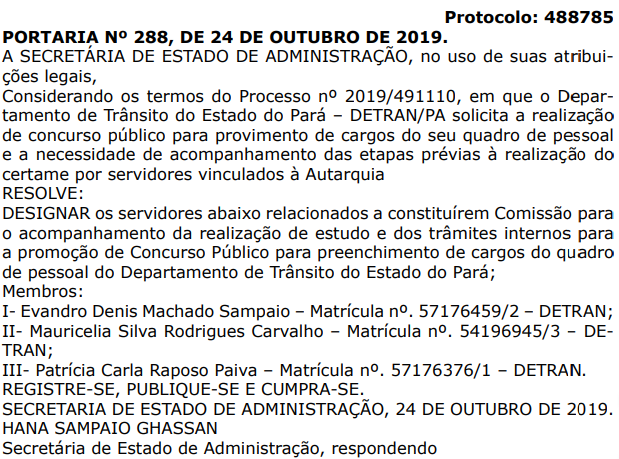 Portaria que nomeou os membros da comissão para Concurso Detran PA
