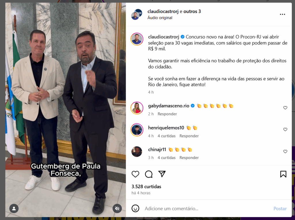 Anúncio do Governador do Rio de Janeiro sobre cargos contemplados no próximo concurso PROCON RJ.
