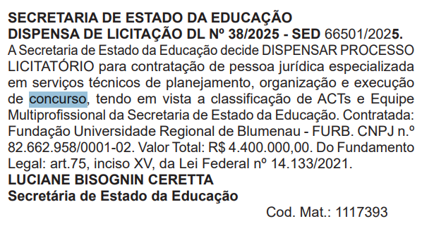 Concurso SED SC: banca definida