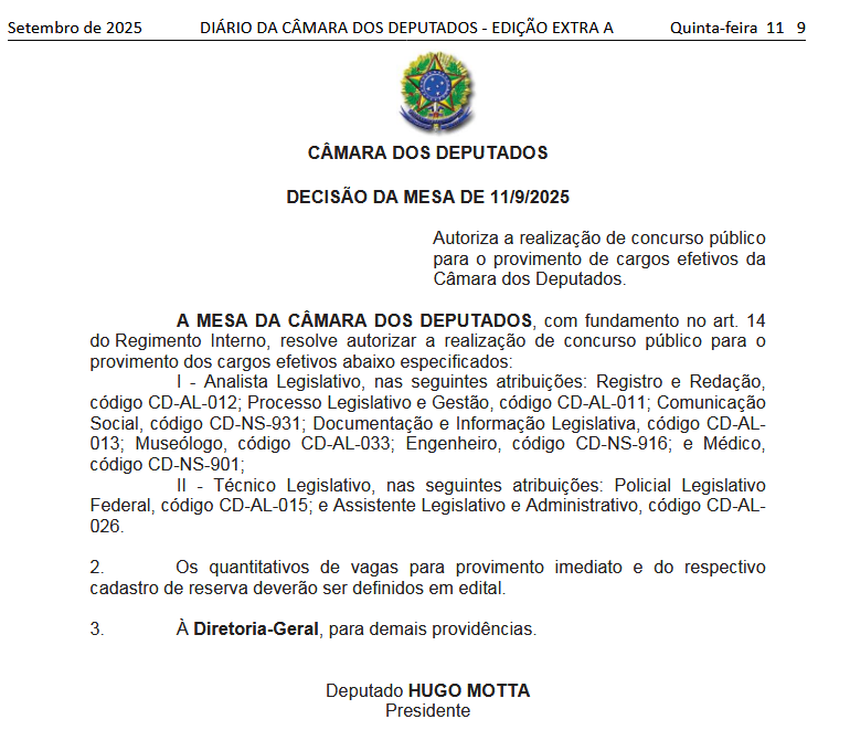 Concurso Câmara dos Deputados 2025 autorizado