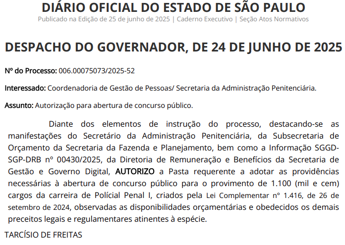 Autorização para 1.100 vagas para o cargo de Policial Penal do SAP SP
