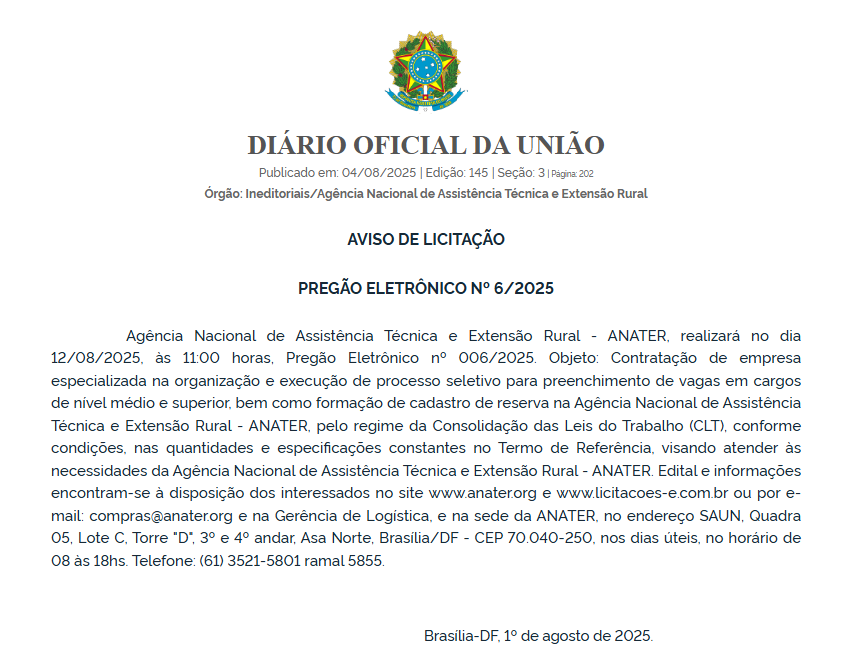 Concurso Anater: pregão eletrônica de seleção da banca