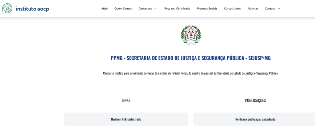 Página do concurso Polícia Penal MG criada