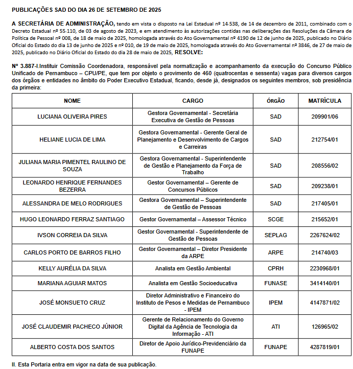 Concurso Unificado PE: comissão formada