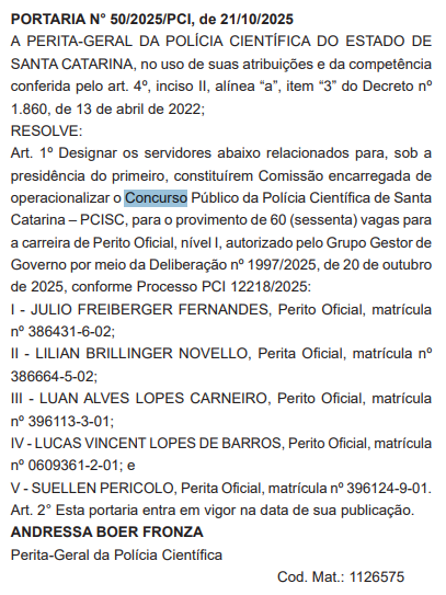 Concurso IGP SC: comissão formada