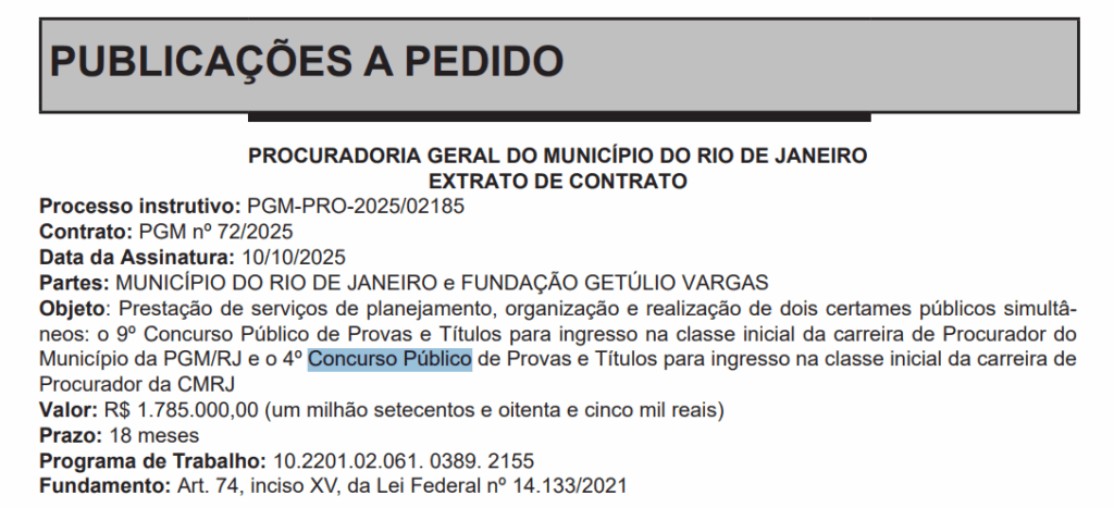 Concurso Câmara RJ: extrato de contrato