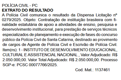 PC SC: extrato de contratação com o Idecan