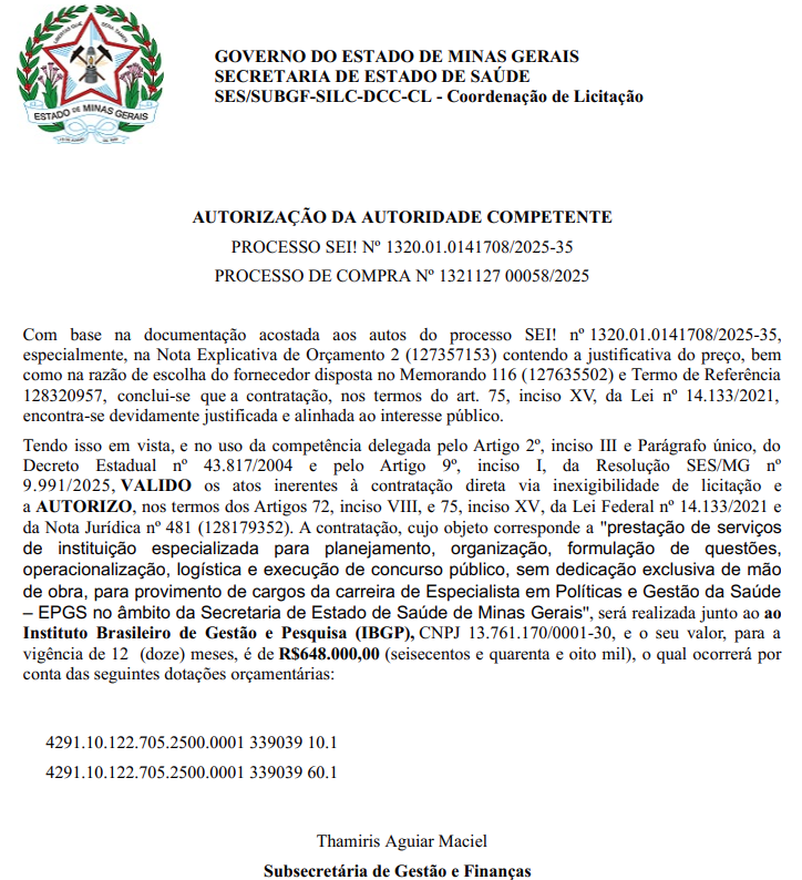 Autorização de contratação da banca organizadora do concurso SES MG