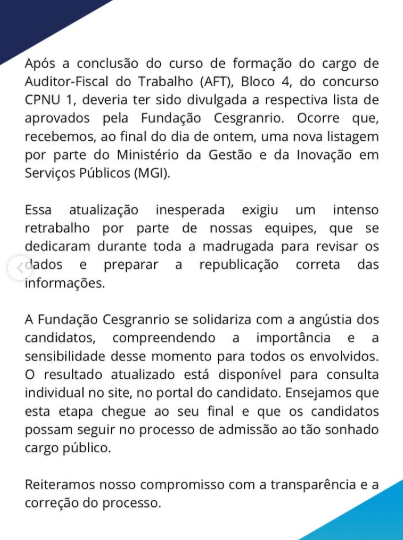 Concurso AFT: Cesgranrio divulga nota de esclarecimento!