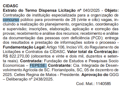  Concurso CIDASC: banca definida