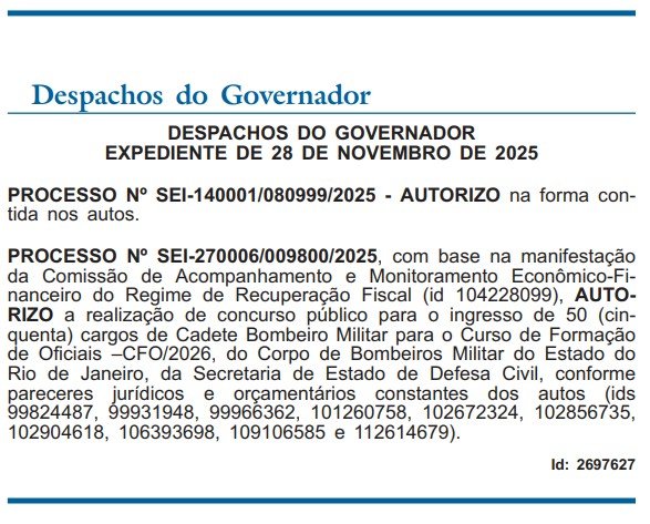 Concurso Bombeiros RJ Oficial: Autorização