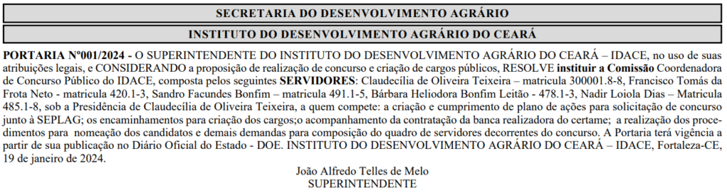 Portaria de formação da comissão organizadora do próximo concurso IDACE