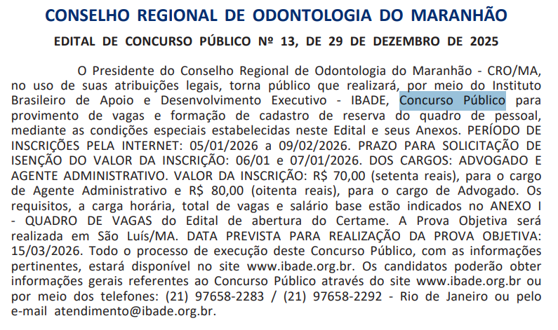 Concurso CRO MA: saiu extrato de edital; confira!