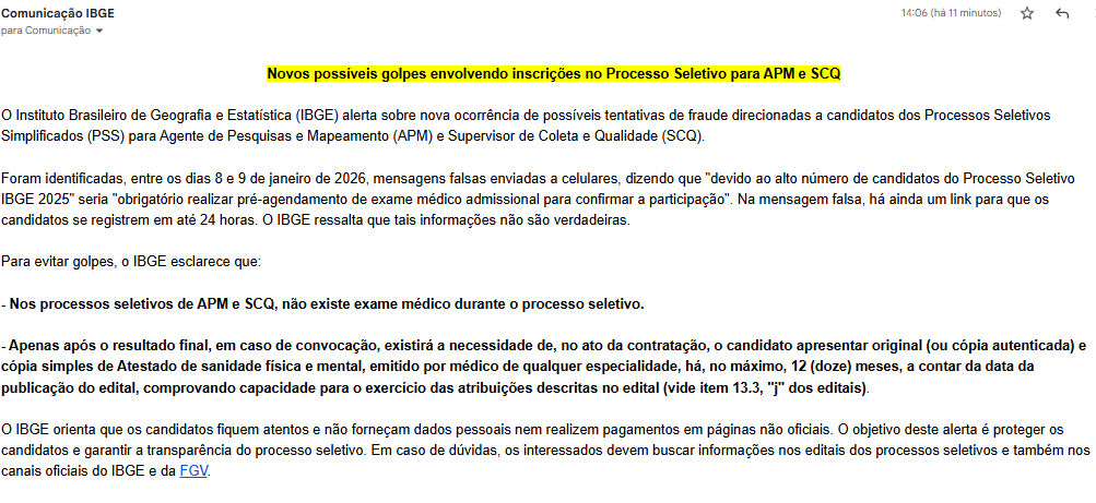Concurso IBGE Temporários: Comunicado alerta sobre golpe