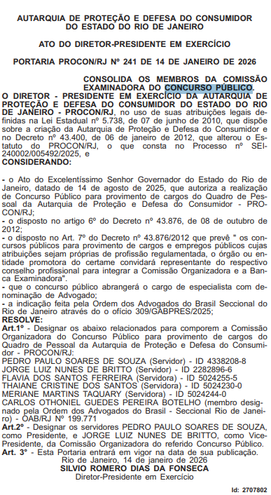Comissão do concurso Procon RJ ganha membro da OAB