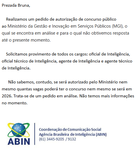 Pedido de novo concurso ABIN segue em análise pelo MGI