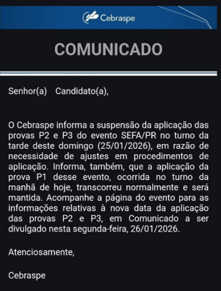 Concurso Sefaz PR: suspensão das provas P2 e P3!
