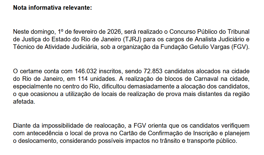 Concurso TJ RJ: comunicado da FGV sobre locais de provas