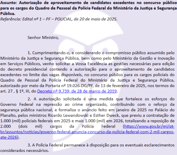 Pedido de autorização para aproveitamento dos candidatos excedentes da Polícia Federal