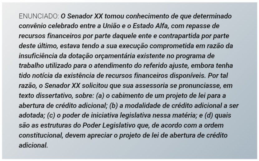 Enunciado de questão discursiva para treinar para o cargo de Técnico e Analista Legislativo do concurso da Câmara dos Deputados.