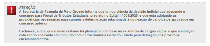 Concurso Sefaz MT FCC divulga comunicado sobre a decisão judicial que suspende o concurso