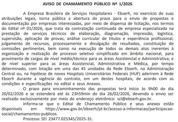 Novo processo seletivo EBSERH em breve