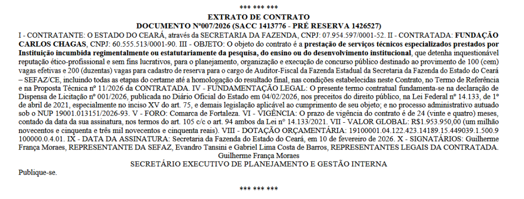 Concurso Sefaz CE tem extrato de contrato com a FCC divulgado