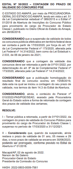 Concurso PGE AP Procurador validade até 2023.