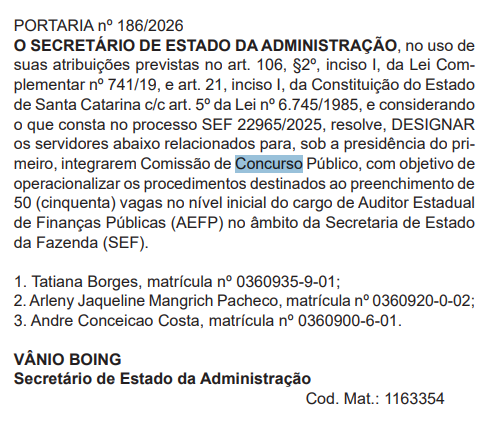 Concurso Sefaz SC: comissão formada