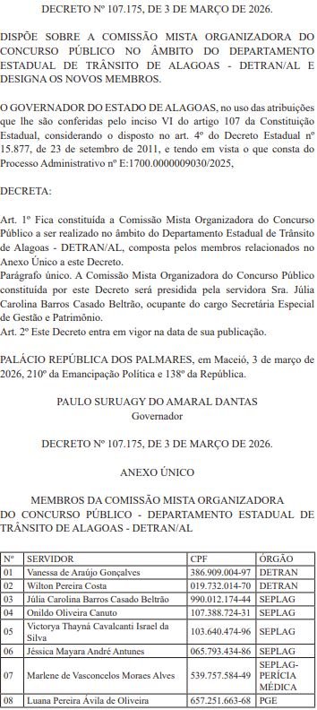 Membros que passam a compor a comissão do concurso Detran AL