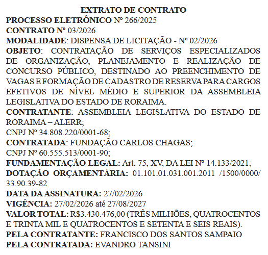 Concurso ALE RR tem extrato de contrato com a FCC divulgado