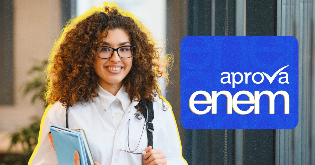 Imagem de mulher feliz segurando pastas e ilustração que se refere ao Preparatório do Aprova para o ENEM 2026.